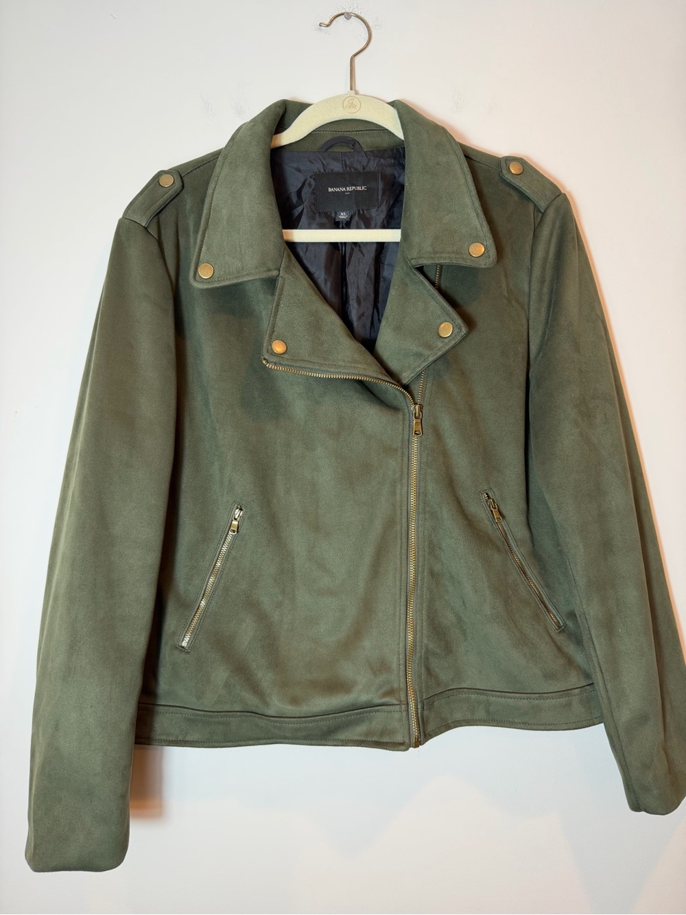 Banana Republic Factory Olive Green Suede Moto Jacket with Gold Hardware XL - Picture 1 of 9
